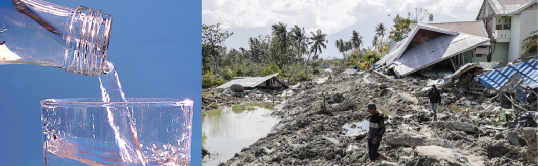 bottle pouring left and village destroyed by tsunami right